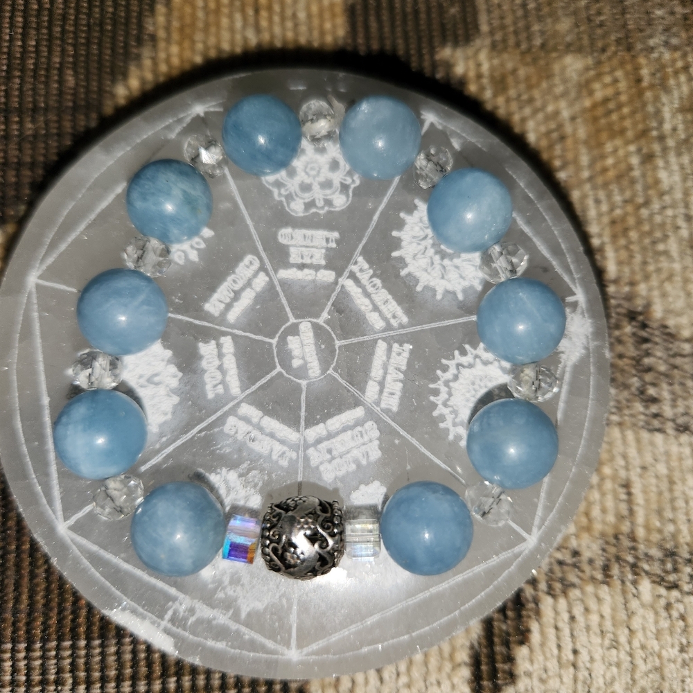 Women's 925 HQ Aquamarine 10mm Stretch Bracelet w/Swarovski Crystals & 925 Bead